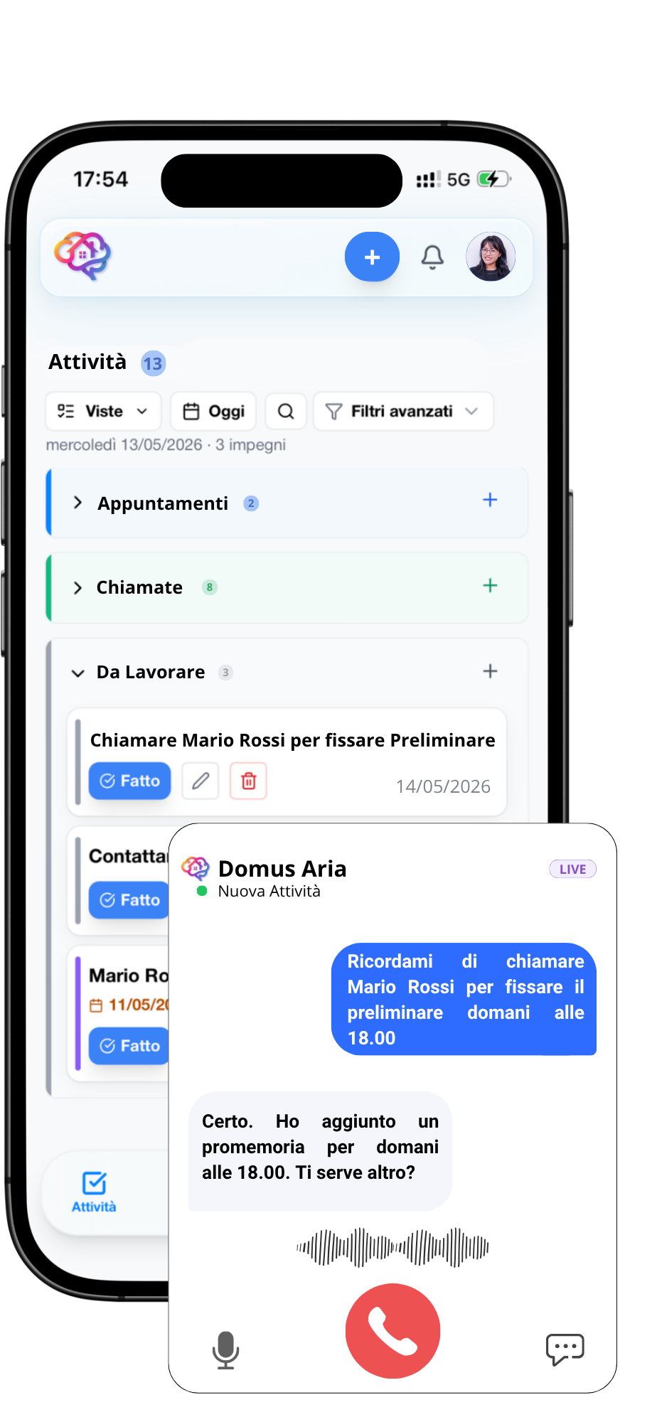Domus Aria su mobile — assistente vocale e gestione attività in Domus Intelligence